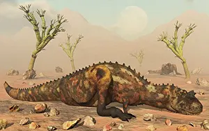 Ceratosaur: A pair of Carnotaurus dinosaurs waiting out a sandstorm