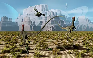Mayan: A pair of Compsognathus dinosaurs startled by an ?