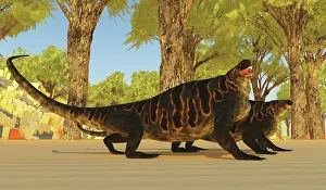 Markings: A pair of Cotylorhynchus prehistoric reptiles in forest