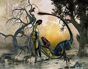 Searching: A pair of Dilong dinosaurs hunting prey