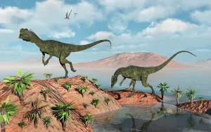 Roaming: A pair of Dilophosaurus dinosaurs during Earth's