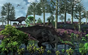 Camptosaurus: A pair of herbivorous Camptosaurus dinosaurs grazing