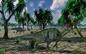 Lambeosaurinae: A pair of Olorotitan duckbilled dinosaurs on the move