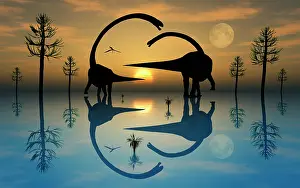 Omeisaurus: A pair of Omeisaurus dinosaurs involved in courtship rituals