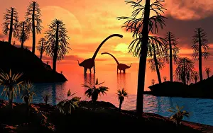 Omeisaurus: A pair of Omeisaurus dinosaurs from the Jurassic period of ?