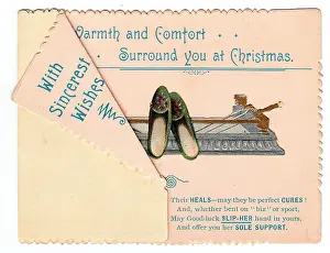 Puns: Pair of slippers with comic verse on a Christmas card