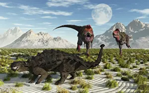 Santonian: A pair of Tarbosaurus dinosaurs running towards a ?