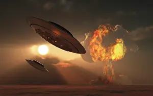 Explosions: A pair of UFO's with a nuclear explosion in background
