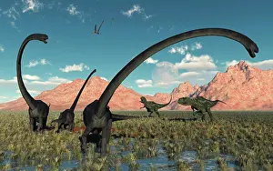 Vulnerability: A pair of Yangchuanosaurus dinosaurs confront a family of ?