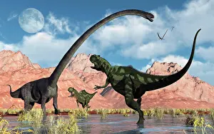 Allosaurid: A pair of Yangchuanosaurus dinosaurs confront an Omeisaurus