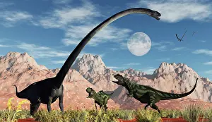 Vulnerability: A pair of Yangchuanosaurus dinosaurs confront an Omeisaurus