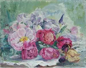 Paeonies: Pale and deep pink Paeonies with Irises
