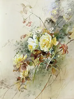 Baldwyn: Pale Yellow Roses ' with two Sparrows