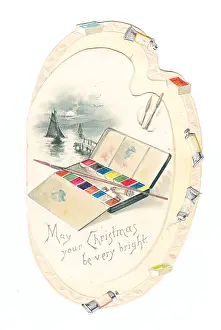 Paintbox: Palette-shaped Christmas card with an open paintbox