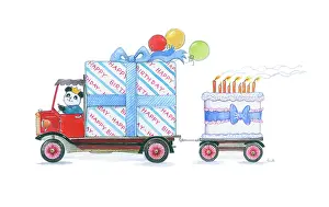Endersby: Panda driving a birthday present on a lorry