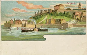 Paddlesteamer: Panoramic view of Belgrade, Serbia from the River Sava