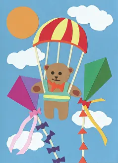 Kites: Parachuting Teddy Bear with Kites, clouds