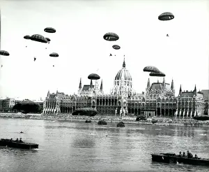 Hungarys: Parachutists over River Danube, Budapest, Hungary