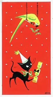 Retro Christmas: Parrot and Cat with Mistletoe and Cracker