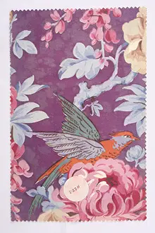 2472: Parrot on tree print fabric, blue tree, 1950's