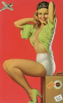 Partially Dressed Woman sits on Suitcase