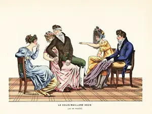 Hachette: Party goers playing the game of Seated Blind Man's Buff