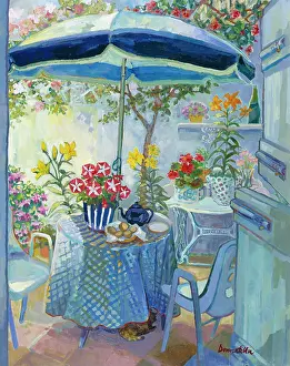 Elmes: Patio Flowers ' with table, chairs & sunshade