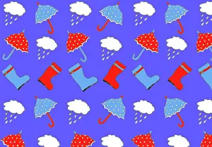 Raining: Pattern featuring wellies, umbrellas and rain clouds