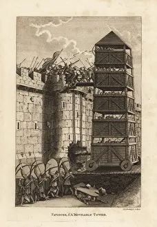 Drawbridge: Pavisors and a moveable tower besieging a castle