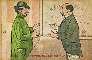 Pawnbroker: Pawnbroker and customer on a postcard