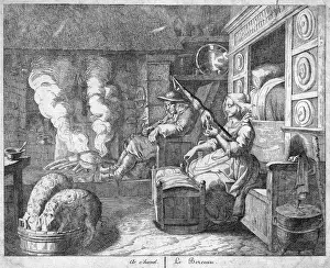Cradle: Peasant cottage interior, 17th century. Husband