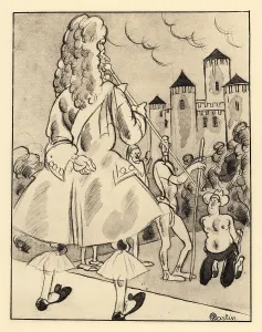Cuckold: A peasant kneels before his lord in front of a chateau