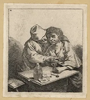 Old Master: Two peasant lovers embracing at a tavern table, 17th century
