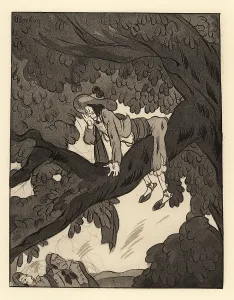 Novellas: A peasant up a tree disturbs a courting couple below