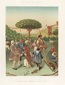 Bagpiper: Peasants dancing around a tree, Netherlands, 15th century