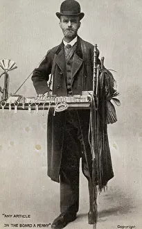 Peddling: Peg-leg peddlar with his tray of items for sale