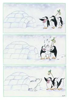 Penguin carol singers by an igloo