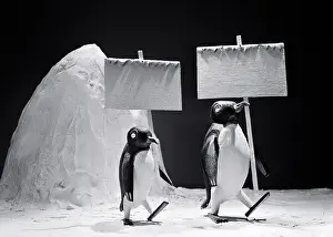 Outrageous: Two Penguin Figures Marching with Blank Empty