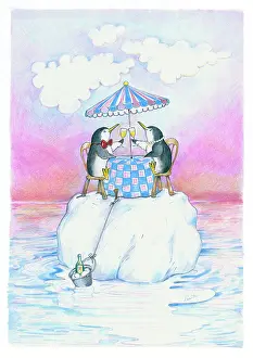 Endersby: Two penguins dining on an iceberg