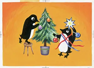 Baubles: Two Penguins dressing a Christmas Tree