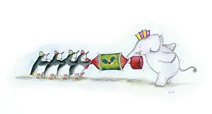Endersby: Penguins and elephant pulling a cracker