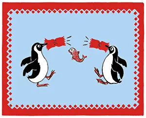 Three Colour: Penguins pulling a cracker with a fish inside