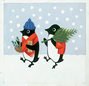 Cute Christmas: Two Penguins Shopping in Snow