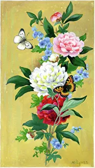 Lynes: Peonies with forget-me-not and butterflies