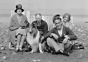 Pebbly: Four people on beach with collie dog