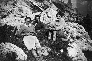 Three people at the Gardena Pass, Italy