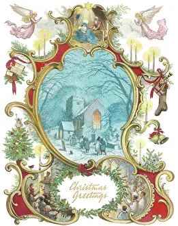 Strickland: People going to church, inside a rococo frame