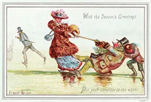 Griset: People on the ice on a comic Christmas card