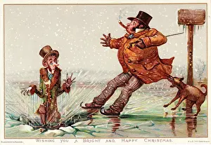 Griset: People on the ice on a comic Christmas card