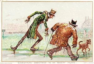 Griset: People on the ice on a comic Christmas card